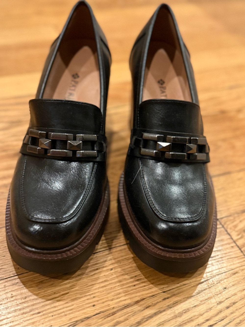 Spring Step Black Leather Chain-Trim Women's Heels